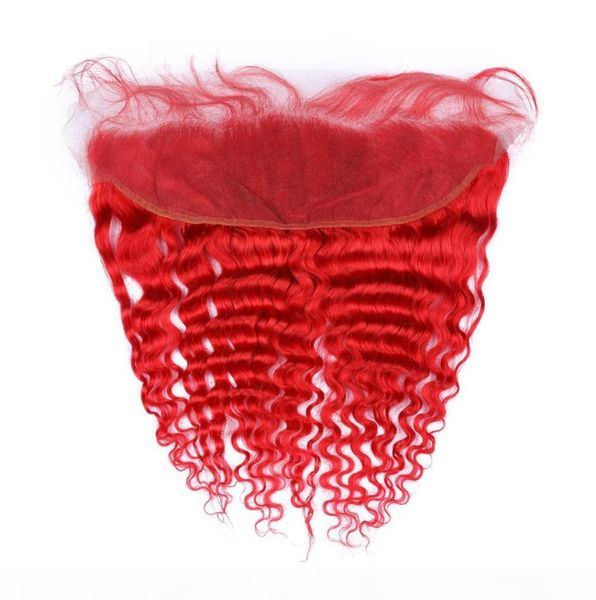 Virgem Peruano Cabelo Humano Onda Profunda Vermelho Colorido Orelha a Orelha Renda Frontal Vermelho Brilhante Frontais Completos 13x4 Fechamento de Renda com Cabelo de Bebê 5992944