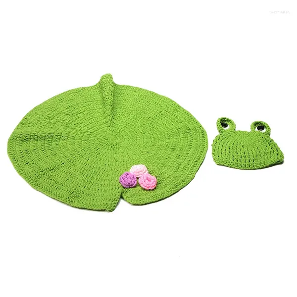 Decken Handgefertigte Decke für geborene Baby-Po-Requisiten Lotusblatt mit Froschmütze gestrickt Empfangsfotografie