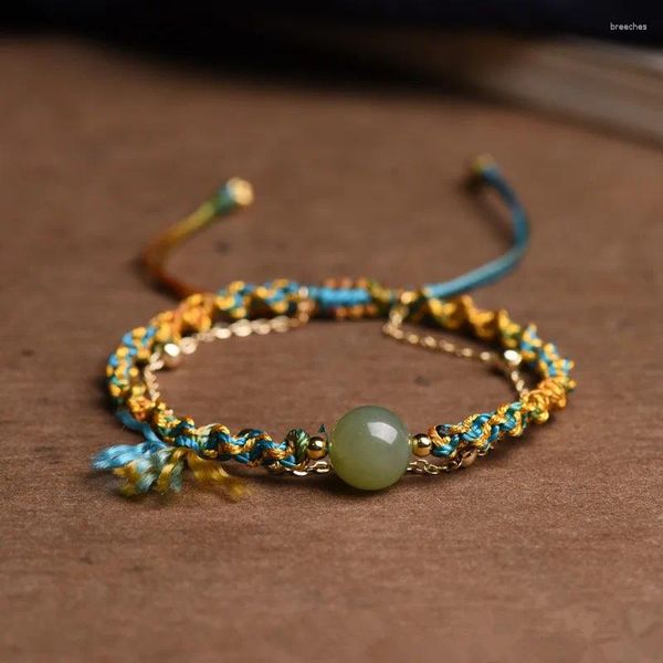 Braccialetti con ciondoli Bracciale in giada naturale di Hetian intrecciata a mano Corda a mano Stile nazionale retrò Abbigliamento multistrato Gioielli di design originale da donna