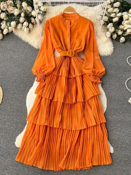 Lässige Kleider Frauen Herbst Vestidos Koreanische Version Große Schaukel Langarm Taille Wrap Stil Kikyo-print Chiffon-Kuchen Kleid D5522