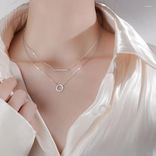 Correntes minimalistas S925 prata esterlina dupla camada circular colar personalizado