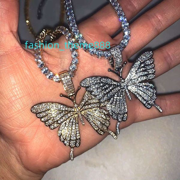 Красочные женские преувеличенные теннисные подвески, подвески, ожерелье, ювелирные изделия в стиле хип-хоп, кубинская цепочка, полностью кристальное ожерелье с бабочкой