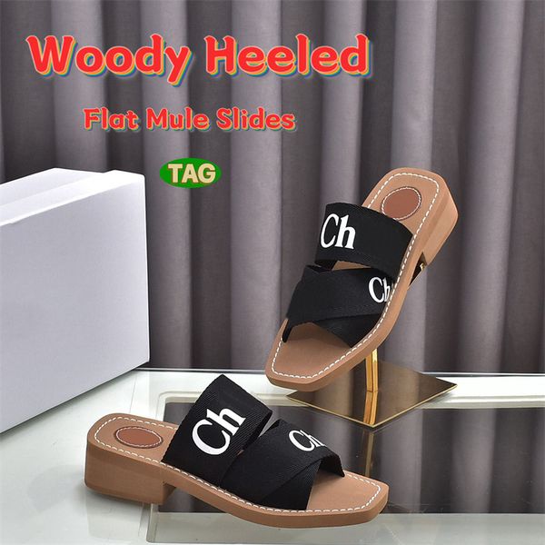 Paris Damen-Designer-Hausschuhe Woody Heeled Flat Mule Slide Sandalen, schwarz-beige, mit Logo besticktes Leinen, Burgunderrot, Weiß, Rosa, Khaki, Luxus-Slipper, lässige Slide-Sandale