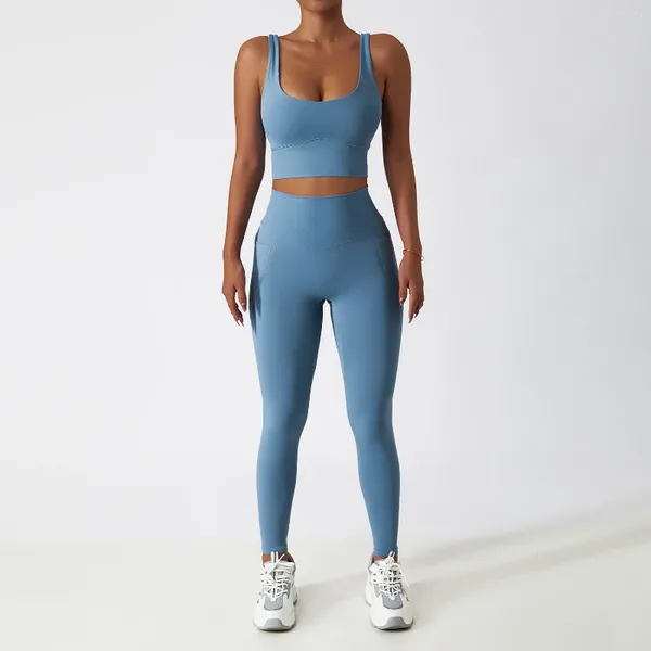 Calças femininas de duas peças bomba pele amigo tecido treino wear forte suporte sutiã superior cintura alta legging com bolso lateral do telefone yoga