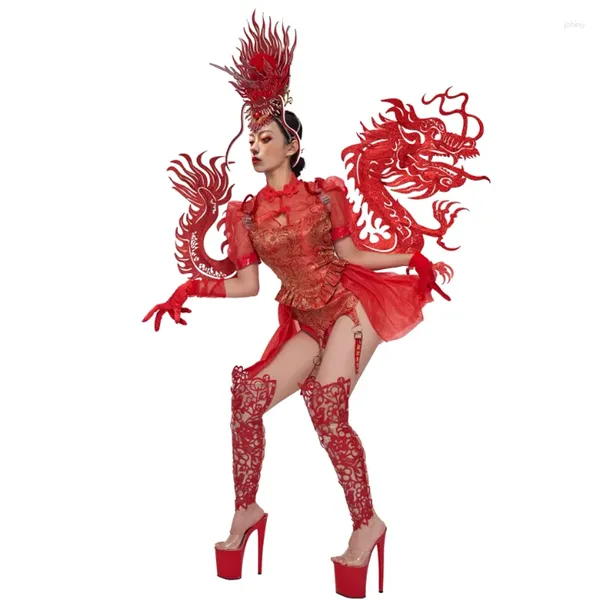 Palco desgaste gogo dançarino roupas estilo chinês voando ombro cheongsam cantor desempenho vestidos mulheres festival vdb7815