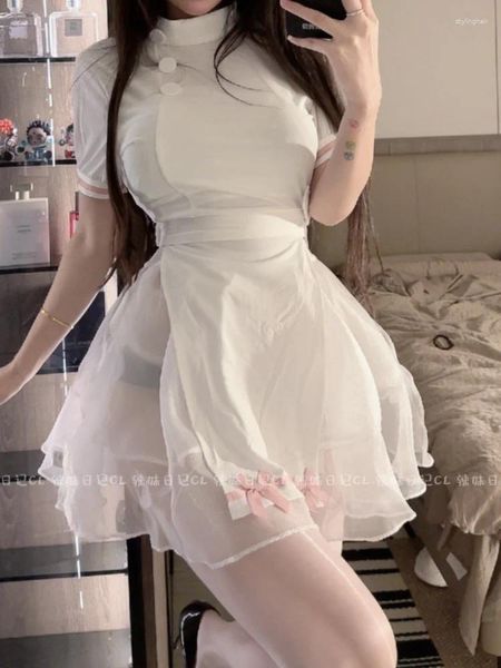 Vestidos de festa moda doce fada mini vestido branco tempero menina sexy transparente sheer bowknot fio oco out cosplay v785