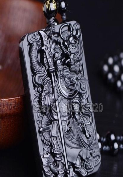 Schöne chinesische Handarbeit natürlicher schwarzer Obsidian geschnitztes Schwert Guangong Lucky Amulett Anhänger Perlen Halskette Mode Schmuck 02152808818