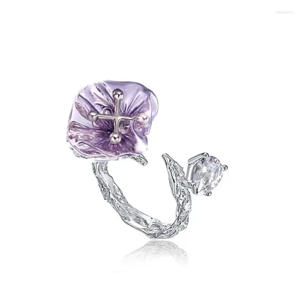 Anéis de cluster Design inovador prata incrustada ametista em forma de flor senhoras anel abertura ajustável romântico requintado luz luxo jóias