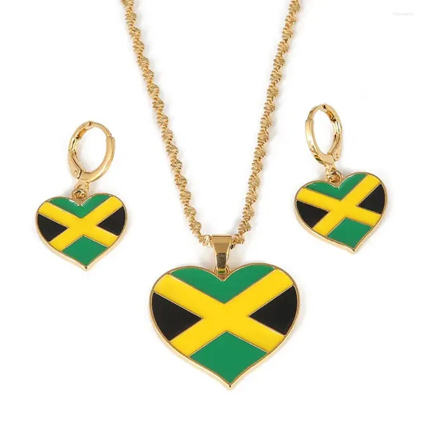 Colar brincos conjunto de aço inoxidável jamaica coração mapa bandeira nacional pingente colares presentes jamaicanos