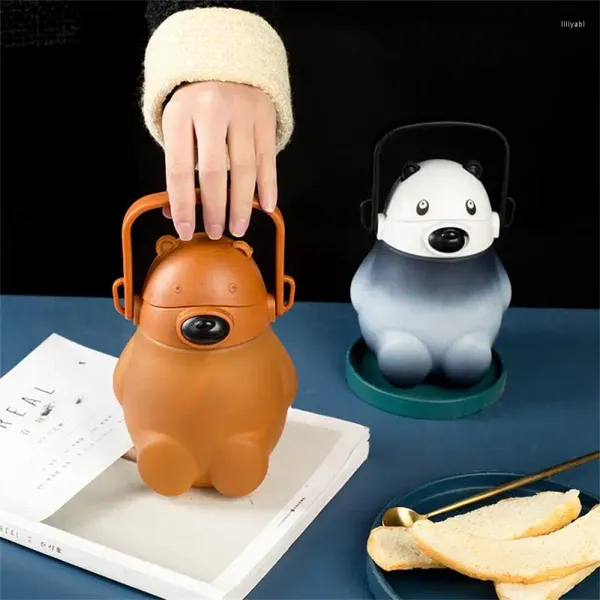 Garrafas de água grande copo de urso branco portátil alça dupla bebida estudante de plástico com caneca de palha ao ar livre barriga criativa kawaii