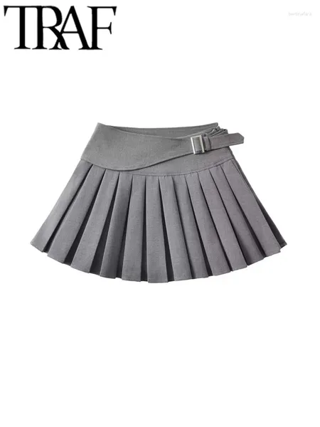 Röcke Fans Elegante graue Frauen Faltenrock 2024 Frühling Asymmetrischer Gürtel Hohe Taille A-Linie Weibliche Mini Y2K Jupe