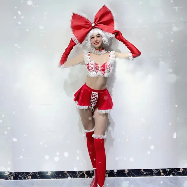 Stage Wear Trajes de Natal Mulheres Red Bow Headwear Top Skrit Show Festival Outfit Nightclub Dj Gogo Pole Dance Roupas XS5634