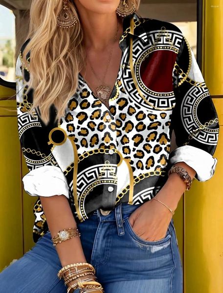 Женские блузки, леопардовая рубашка, весенне-осенняя модная повседневная одежда с длинным рукавом и принтом цепочки