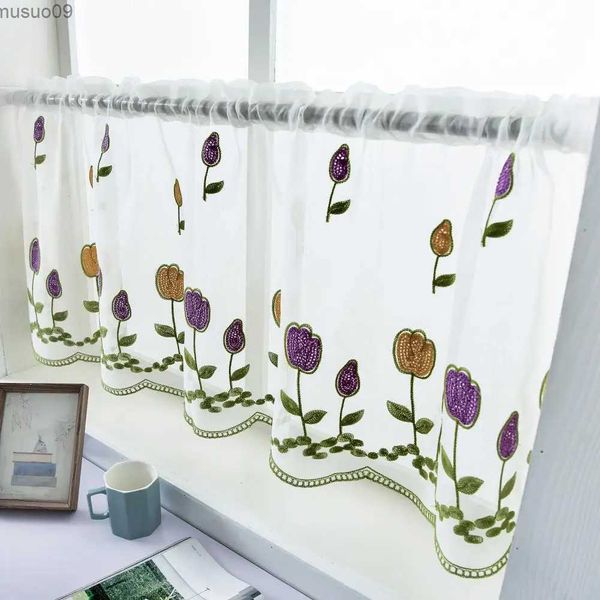 Vorhang, kurzer Vorhang, 1 Blatt, praktisch, weiche Textur, Polyester, dekorative Blume, bestickt, Fenster, transparent, Haushaltsbedarf