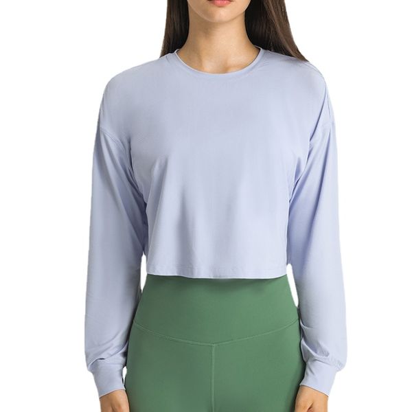 Rundhals-Crop-Top, langärmeliges Yoga-Top für Damen, Outdoor-Freizeit, entspannt, bequem, einfach, Yoga-Kleidung