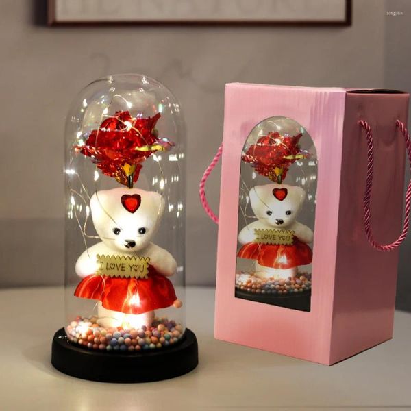 Fiori decorativi LED Galaxy Rose Bear Confezione regalo Fiore in lamina d'oro 24k con lucine a forma di fata nella cupola Artificiale per San Valentino