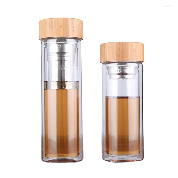 Garrafas de água UPORS garrafa de vidro com infusor de chá parede dupla alta borosilicato viagem tumbler tampa de bambu infusão