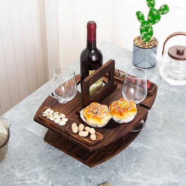 Bandejas de chá de madeira dobrável mesa de piquenique com suporte de vidro redonda dobrável rack de vinho bandeja de lanche dobrável para festa de jardim
