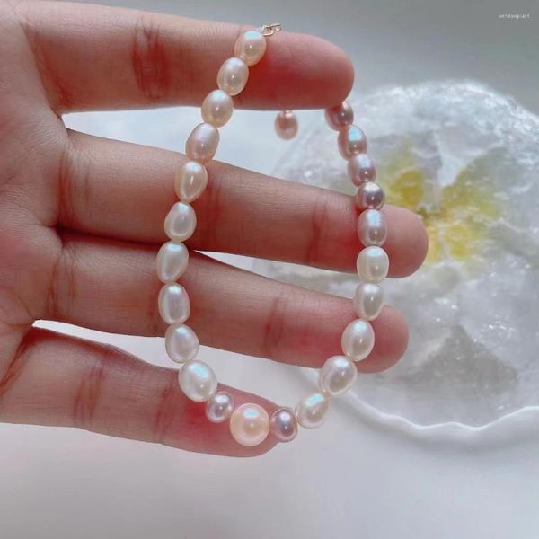 Bracciale fatto a mano naturale 7-8mm colore riso perla d'acqua dolce accessori dorati chiusura braccialetto a catena estesa lungo 18 4 cm