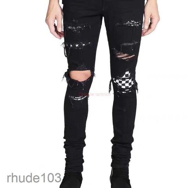 Designerkleidung Amires Jeans Denim Hosen Amies High Street Fashion White Diamond Black Perforated Plaid Patch Marke Füße für Männer Wo 9NYQ