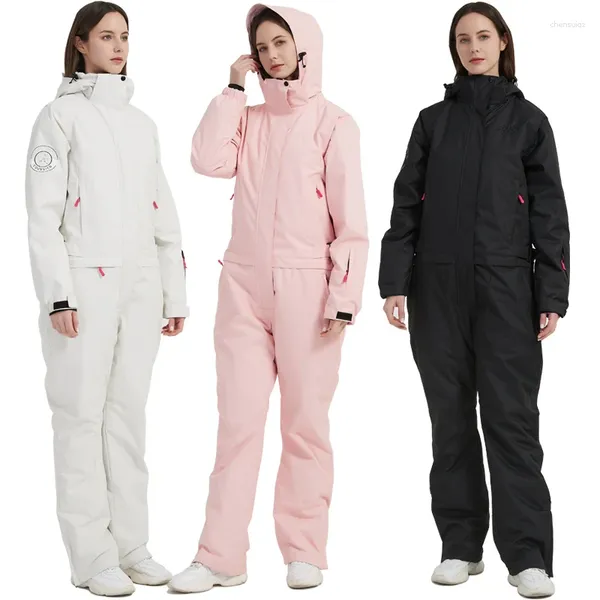 Jaquetas de esqui inverno com capuz feminino um pedaço terno de esqui à prova de vento esporte feminino macacão ao ar livre mulher ternos de neve à prova dwaterproof água menina macacão