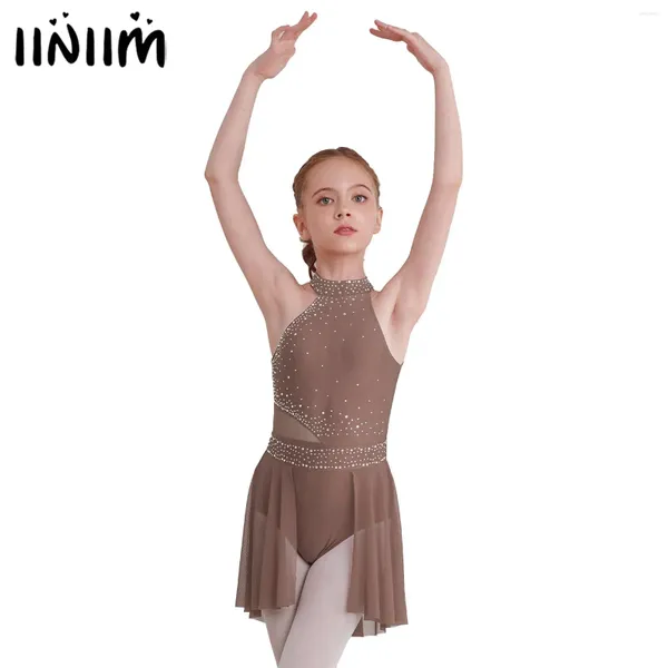 Palco desgaste crianças meninas brilhantes strass ballet collant vestido irregular hem ginástica rítmica dança lírica desempenho tutu vestidos