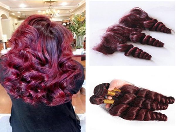 Vinho tinto cabelo humano pacotes com laço frontal 99j onda solta cabelo tece com 134 rendas frontais completo vinho vermelho malaio virgem ha1729044