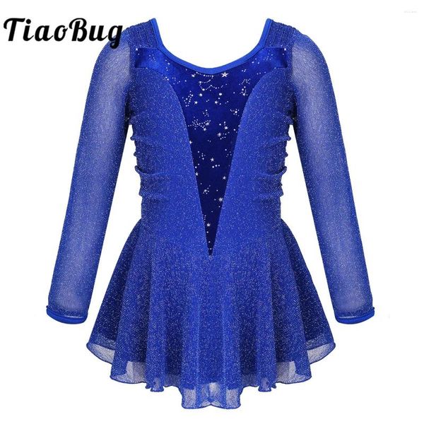 Stage Wear Argento Luccica Figura Pattinaggio su ghiaccio Vestito Kid Ragazze Velluto lucido Giunzione Maniche lunghe Balletto Ginnastica Body Dancewear