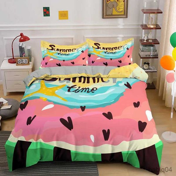 Set di biancheria da letto Copripiumino King Queen Anguria Estate Set di biancheria da letto con frutta a strisce nere e verdi Girly Acquerello 2/3 pezzi Copripiumino in poliestere