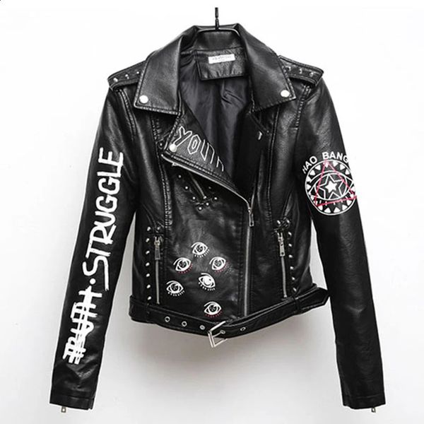 Mulheres impressas letras pu jaqueta de couro motociclista moto preto falso padrão feminino rebite hip hop curto zíper casaco py21 240122