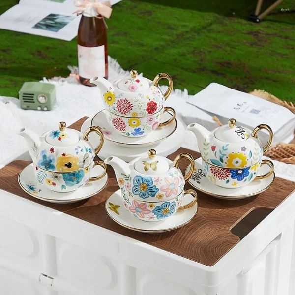 TeAware Setleri 3 PCS/SET EVRUSAL TEA ÇAY Bir set çaydanlık/fincan seramik çaydanlık kiti vintage çiçek boyama çiçek porselen yetişkinler