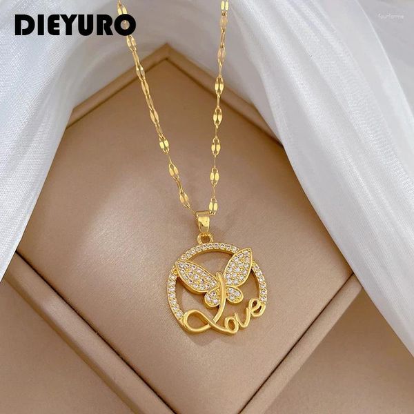 Colares Pingente Dieyuro 316L Aço Inoxidável Borboleta Amor Colar Para Mulheres Menina Moda Clavícula Cadeia Gargantilha Jóias Presente Casamento