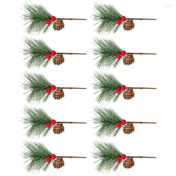 Fiori decorativi 10 pezzi di pino artificiale aghi di Natale con coni di bacche rosse Decorazione confezione regalo