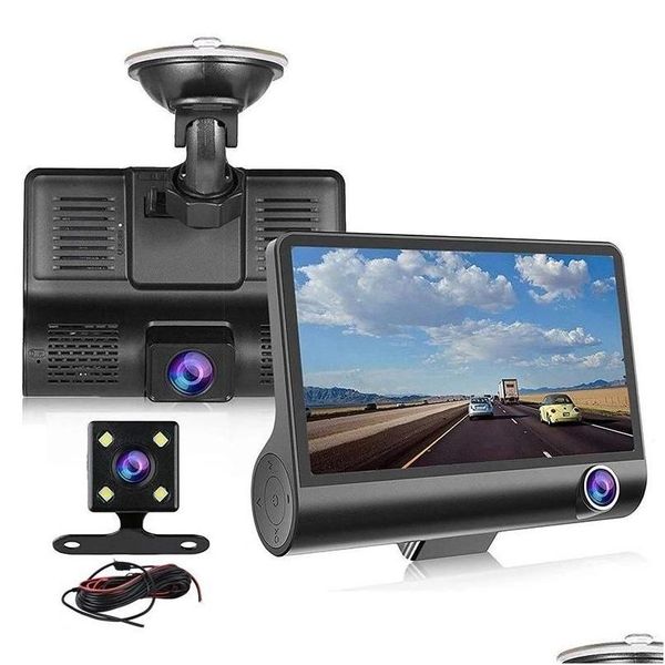 Dvr per auto Dvr per auto 3 telecamere Dashcam di guida Videoregistratore per veicoli 4 Display Fl Hd 1080P Anteriore 170° Posteriore 140° Interno 120° G-Sens Dhyi8