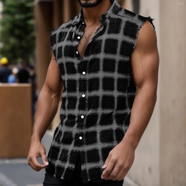 Regatas masculinas y2k vintage xadrez impressão para homens elegante lapela botão coletes sem mangas camisas superiores verão casual diário streetwear