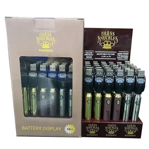 Brass Knuckles 900mAh 30ct Bateria Display Kit Botão 30ct Baterias de tensão ajustável para 510 carrinhos Cartucho Canetas de cera concentrada com carregador USB Conjunto de 30 unidades