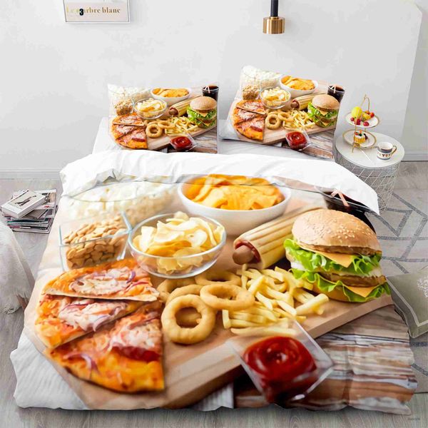 Conjuntos de cama Hambúrguer Rei Rainha Capa de Edredão Fast Food Tema Conjunto de Cama Carne Queijo Quilt Capa Crianças Adorável Estilo Dos Desenhos Animados Consolador Capa