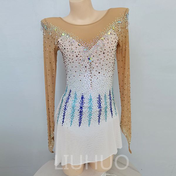 LIUHUO Цветное платье для фигурного катания на заказ для девочек-подростков, белая танцевальная юбка для катания на коньках, качественная эластичная танцевальная одежда из спандекса с кристаллами, балетное выступление