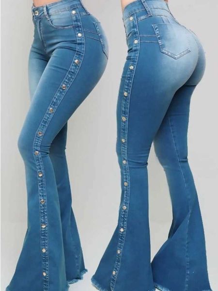 Jeans da donna 2022 Primavera / Estate Nuove donne a vita alta elastica classica da donna Mop Denim sexy ultra sottile lavaggio tinta unita pantaloni svasati J240217