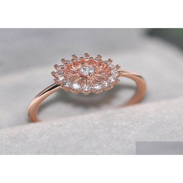 Cluster Ringe Doppel Fair Sun Flower Ringe für Frauen Kristall Cz Rose Gold Farbe Party Geburtstagsgeschenk Midi Ring Modeschmuck R904224 Dhvve