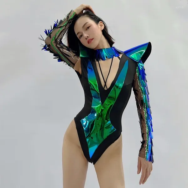 Palco desgaste estilo tecnologia mulheres gogo dançarino traje verde azul laser exagerado ombro bodysuit boate dj rave outfit xs6988