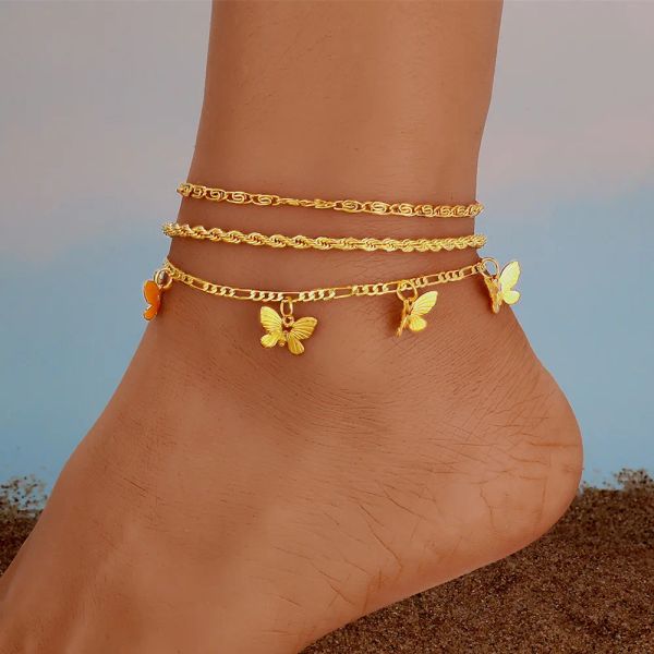 Cavigliere in oro giallo 14k con catena a farfalla della Boemia per le donne Accessori alla moda per il piede Bracciale estivo con cavigliera da spiaggia a piedi nudi sul regalo di gioielli del piede della gamba