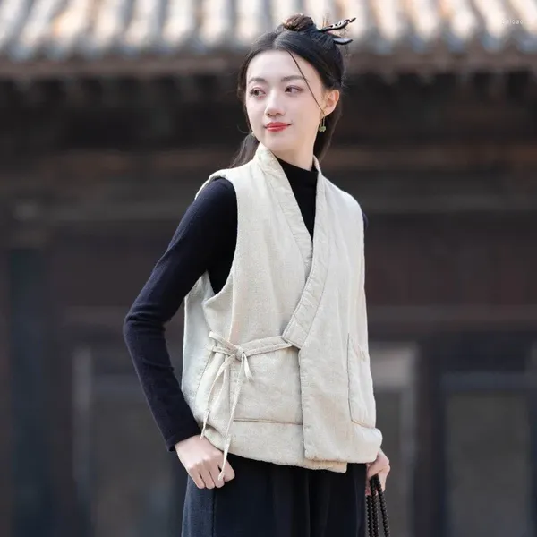 Coletes femininas johnature mulheres estilo chinês bandage casacos v-pescoço bolsos de linho cor sólida mais roupas de algodão 2024 outono