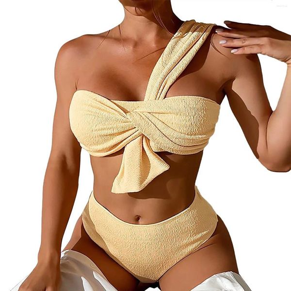 Costume da bagno da donna Bikini a spalla singola Costume da bagno a vita alta raccolto tinta unita diviso Costume da bagno donna attillato con fiocco arricciato