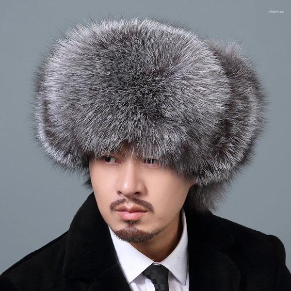 Berets outono e inverno cabelo chapéu de couro completo para protetor de ouvido de fio de pele quente masculino
