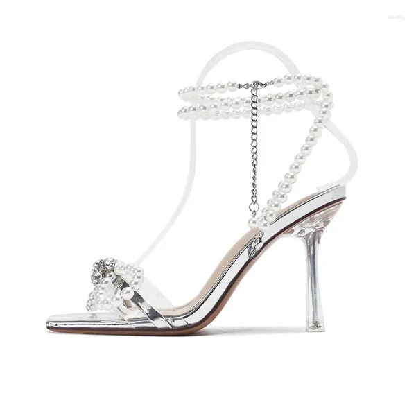 Сандалии 2024, весенняя фея, женская обувь на высоком каблуке-шпильке со шнуровкой и жемчужным бантом
