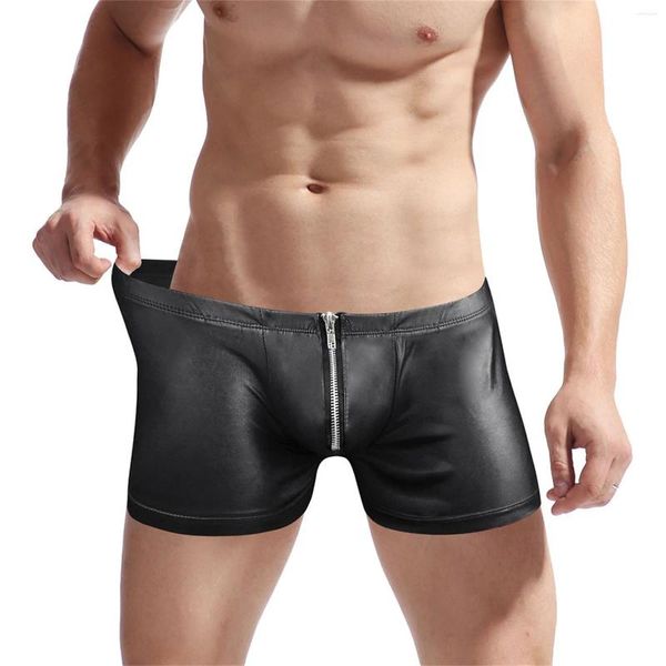 Cuecas sexy pu boxers de couro dos homens magro cintura baixa zíper boxershorts underpant estilo americano nightclub calcinha encantadora lingerie