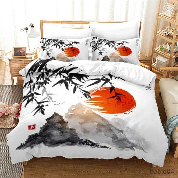 Set di biancheria da letto Copripiumino con pittura a inchiostro Copripiumino in stile giapponese Monte Fuji Set di biancheria da letto con stampa di fiori di ciliegio rossi per adulti Ragazze adolescenti