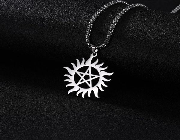 Skyrim Edelstahl glänzende Sonne Pentagramm Anhänger Halskette übernatürliche Dean Statement Box Kette Halsketten Schmuck für Männer8877138