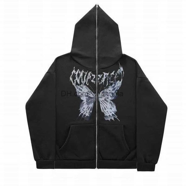 Erkek Hoodies Sweatshirts Gothic Ins Butterfly Wings Y2K Tam Yüz Zip Up Kadın Hoodies Sweatshirt UNISEX Büyük Boyutlu Harajuk High Street Giyim Üstleri T240217